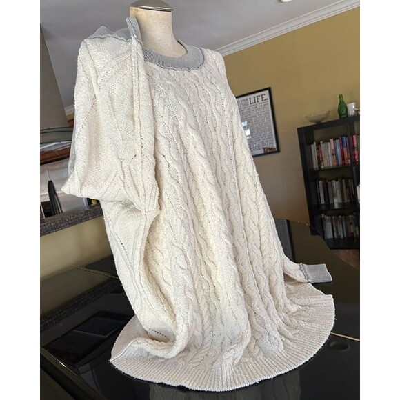 Free People Cream & Gray Mixed Media Olympia Cableknit Sweater Tunic Oversized - Picture 9 of 12